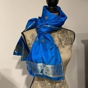 Blue vintage silk/gold paisley print scarf wrap 21x64”